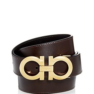 Salvatore Ferragamo Men's Smooth Reversible Belt with Shiny Goldtone Double Gancini Buckle