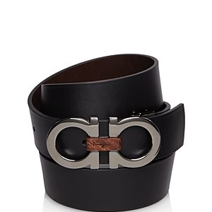 Salvatore Ferragamo Men's Textured Reversible Belt with Shiny Gunmetal-Tone Double Gancini Buckle